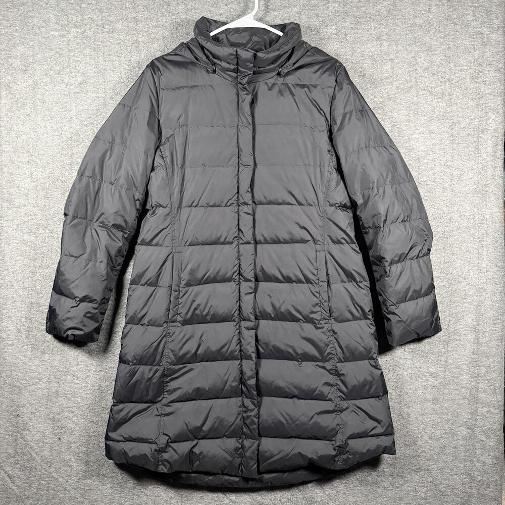 Eileen Fisher Womens M Black Long Down Puffer Coat 80/20 Feather Zip Snap Parka